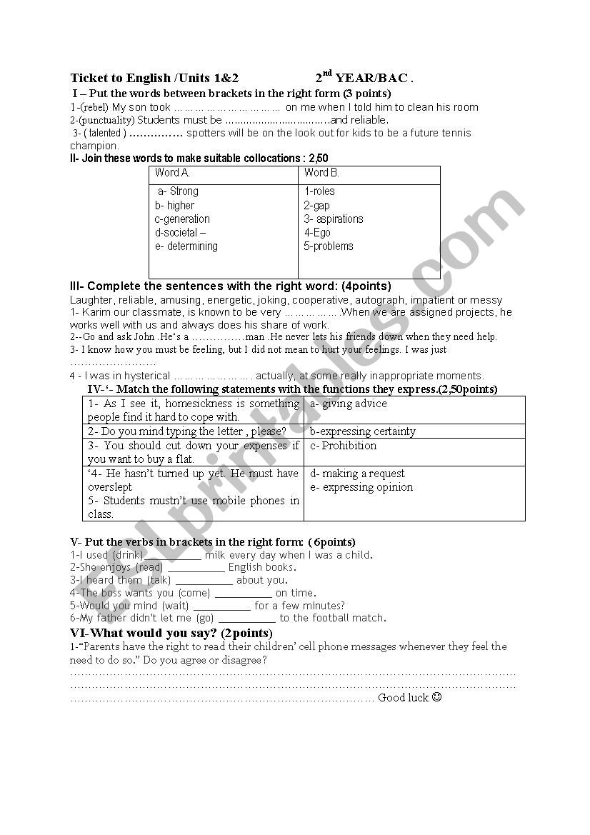 Unit 1& 2 quiz , 2 year bac  worksheet