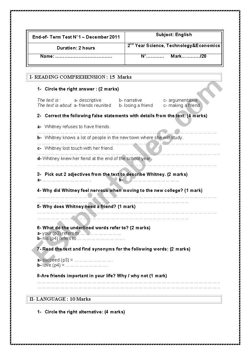 full term test first term for second year students