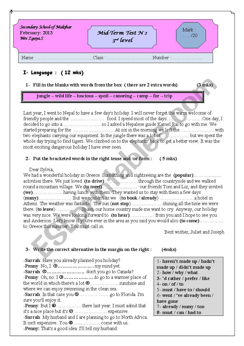 3rd level mid test 2  worksheet