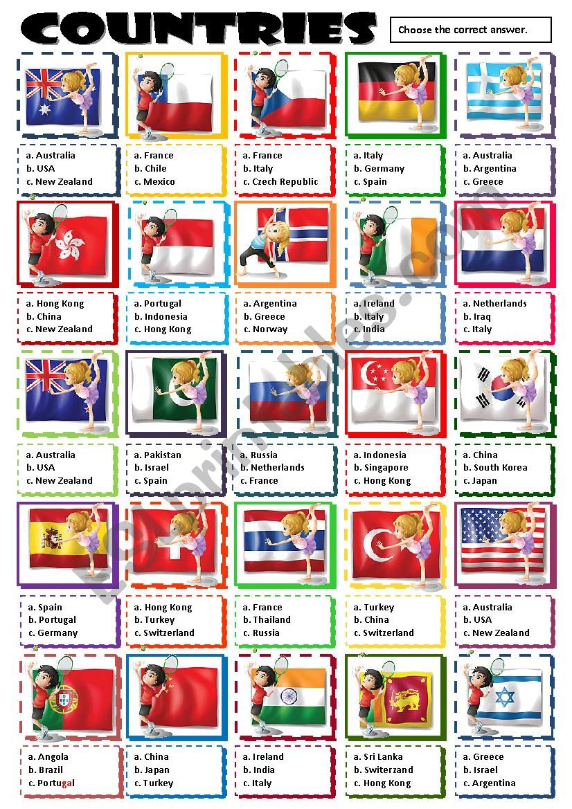 COUNTRIES - MULTIPLE CHOICE worksheet