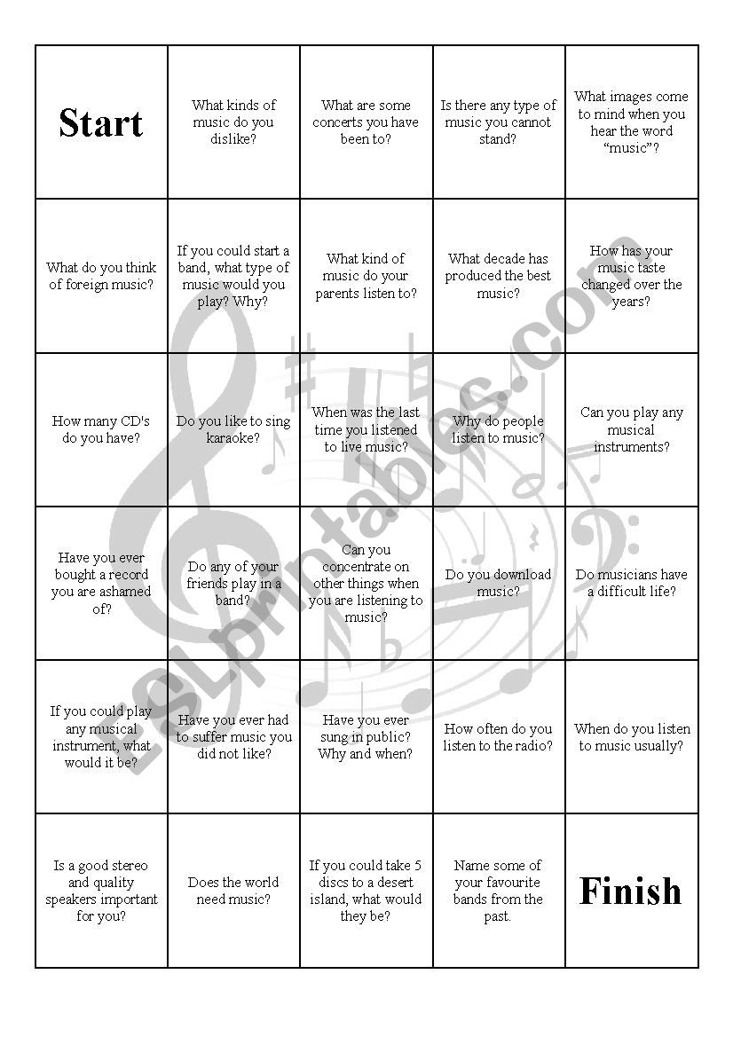 Music Conversation Board Game worksheet