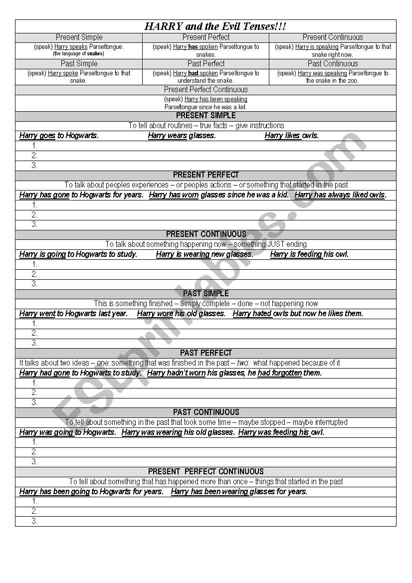 Harry and the Evil Tenses worksheet