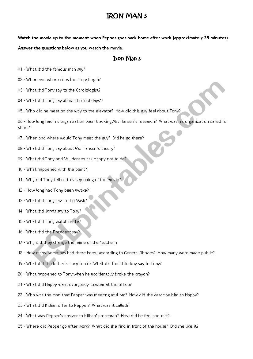 Iron Man 3 - Movie Worksheet worksheet