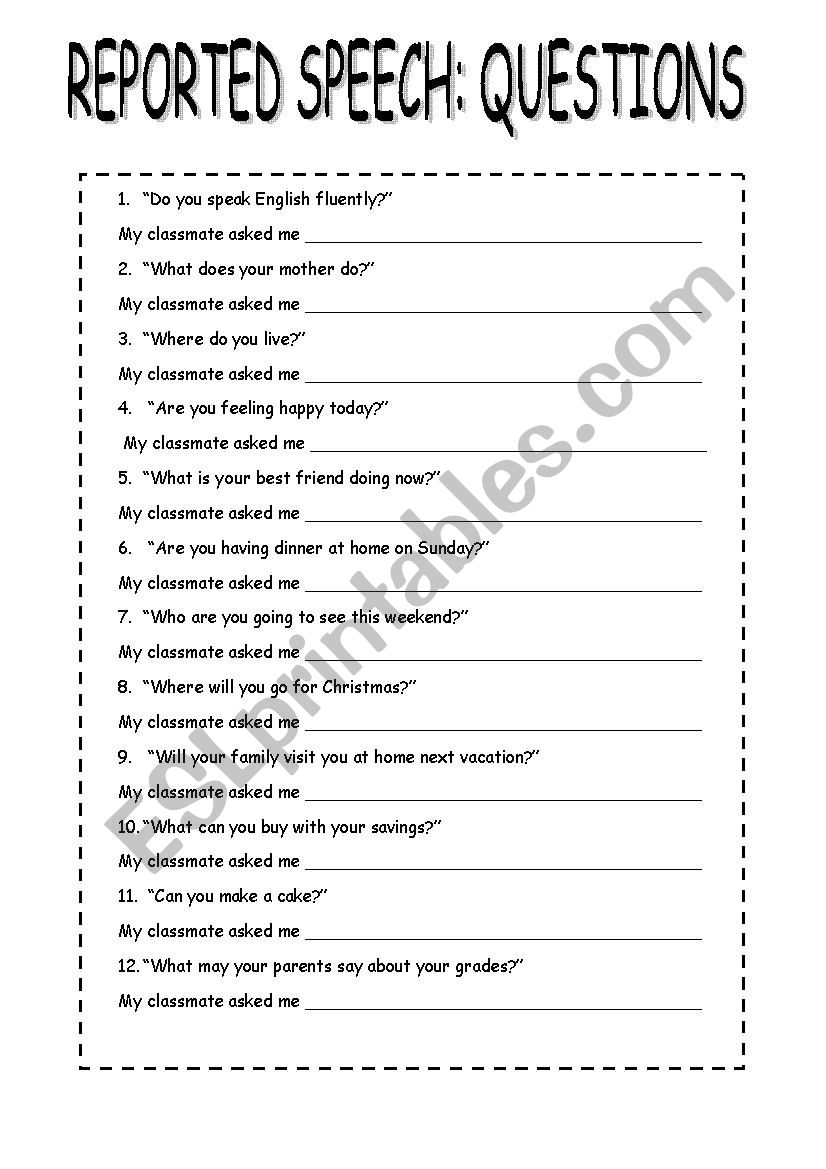 reported speech question worksheet