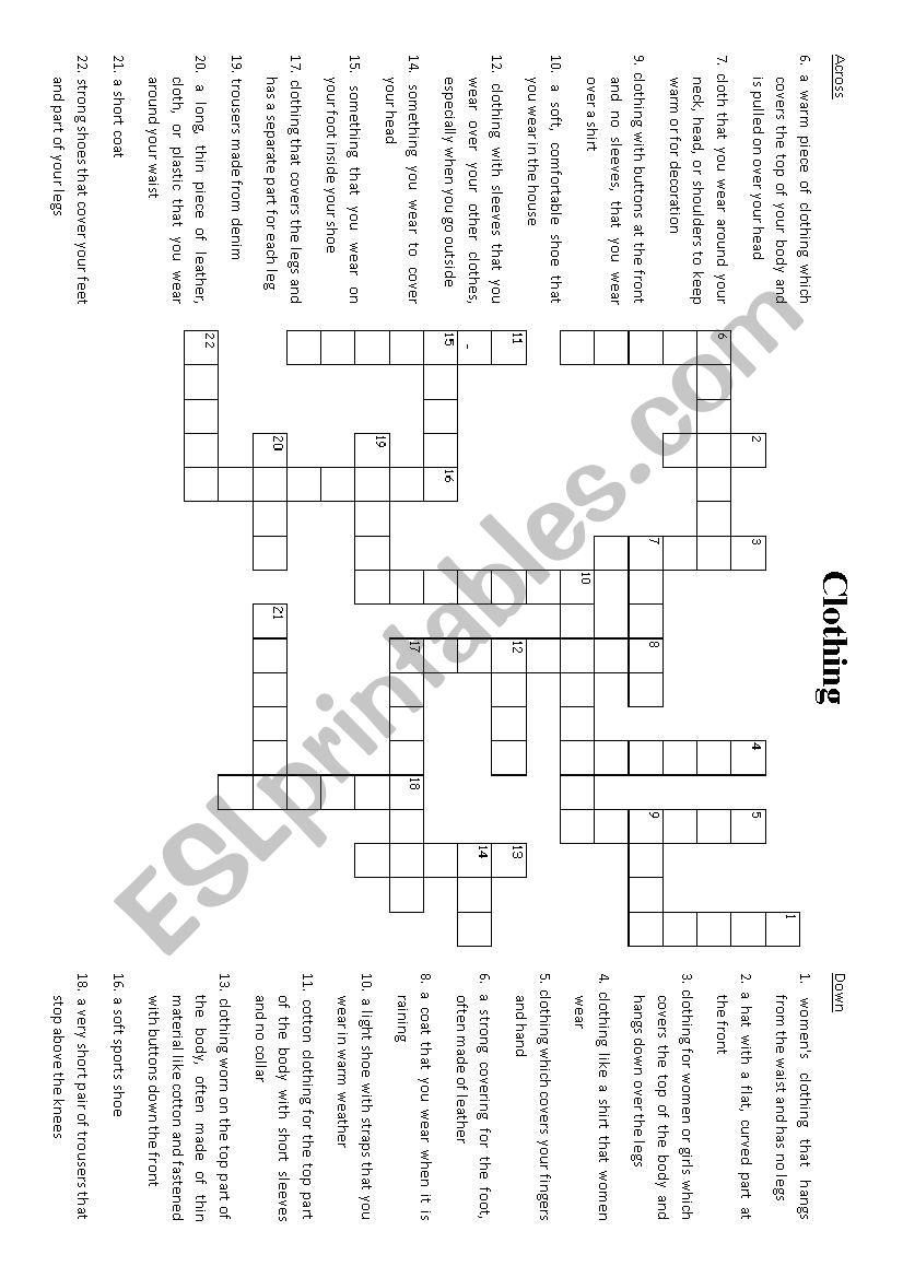 Clothing Crossword worksheet