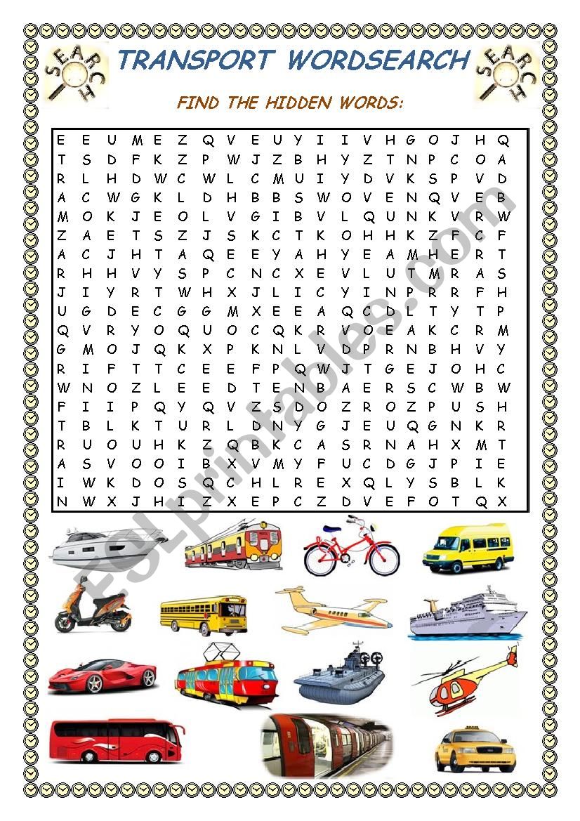 Transport Wordsearch + Key worksheet