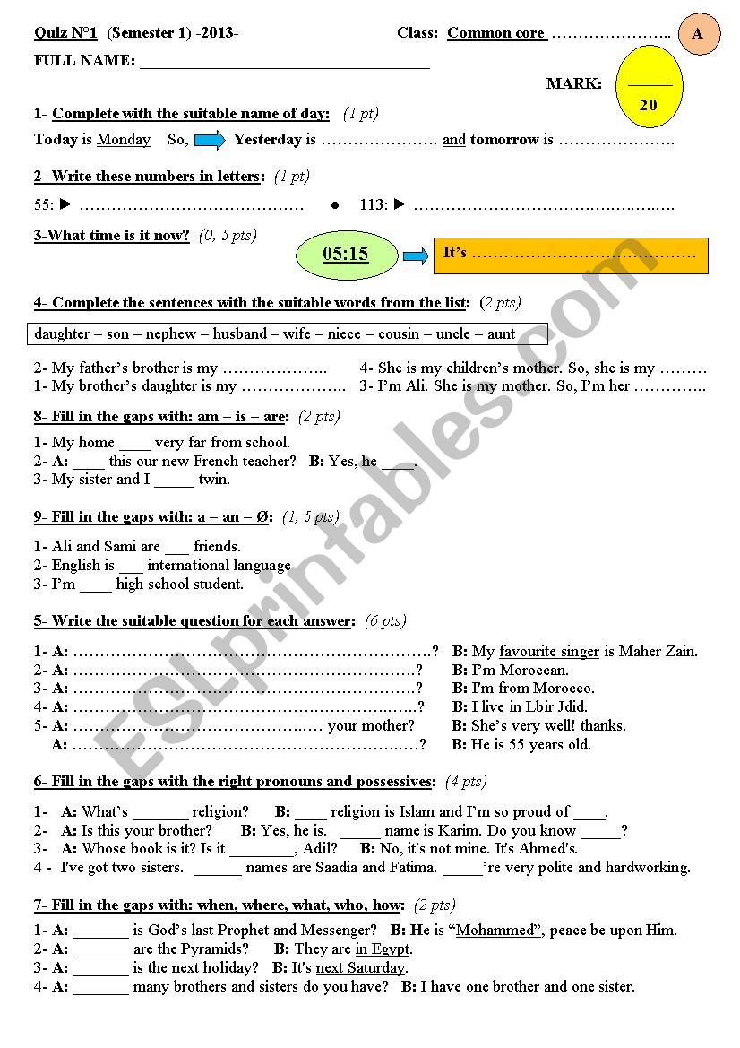 A superfine Quiz n1 _ Semester 1 - Version -A- (2013) for elementary students