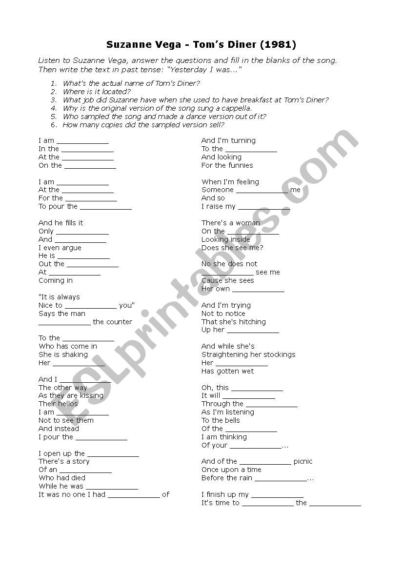 Suzanne Vega - Toms Diner worksheet