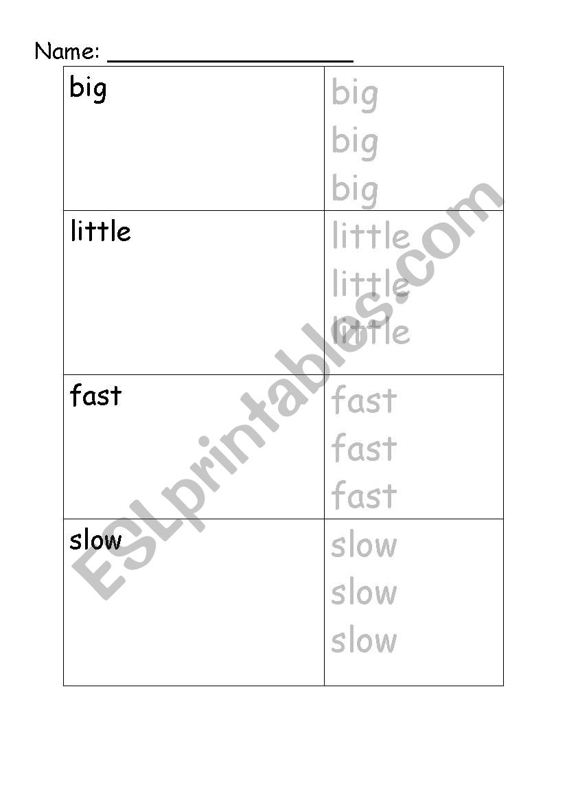 Big Little Fast Slow worksheet