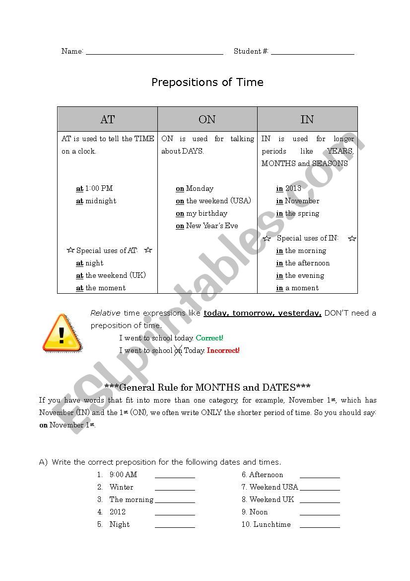 Prepositions of Time worksheet