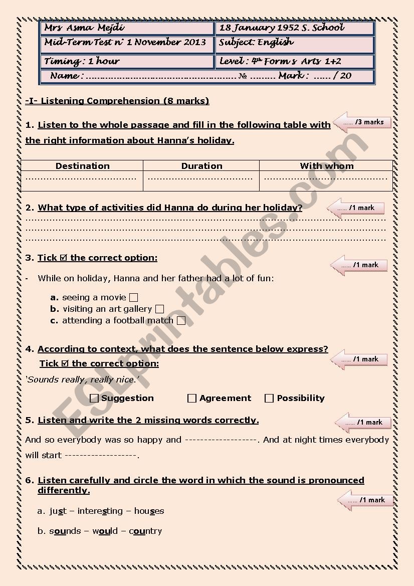 Mid term Test 1 Fourth Form  worksheet