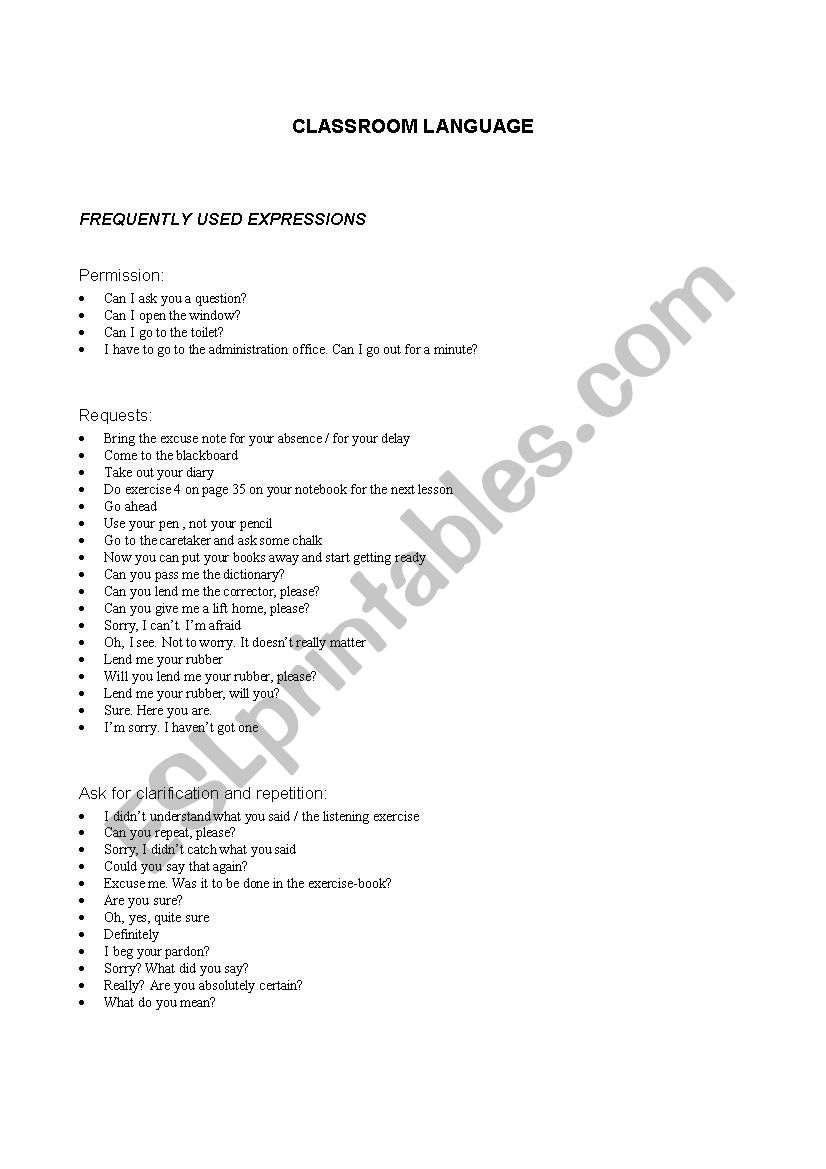 classroom language worksheet