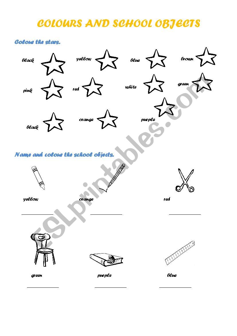 Colours and school object worksheet