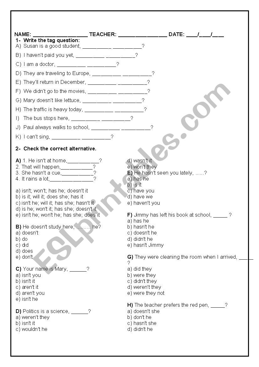 TAG QUESTIONS WRITTEN AND MULTIPLE CHOICE EXERCISES