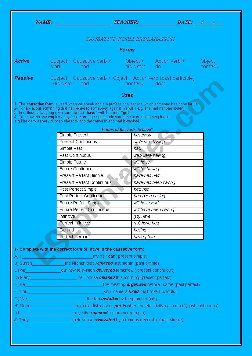 CAUSATIVE FORM EXPLANATION AND EXERCISES