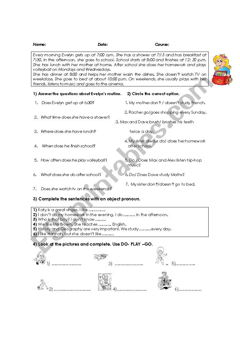 Evelyns Routine worksheet