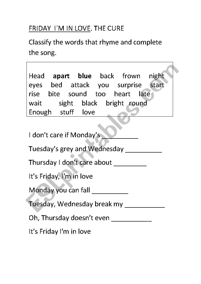 FRIDAY IM IN LOVE worksheet