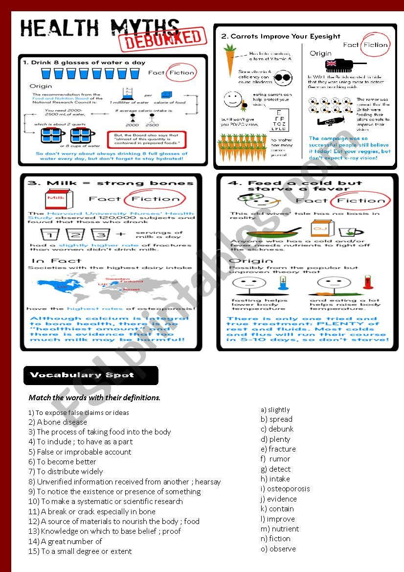 Health Myths Rebunked - Reading comprehension ( 3 pages, key is included)