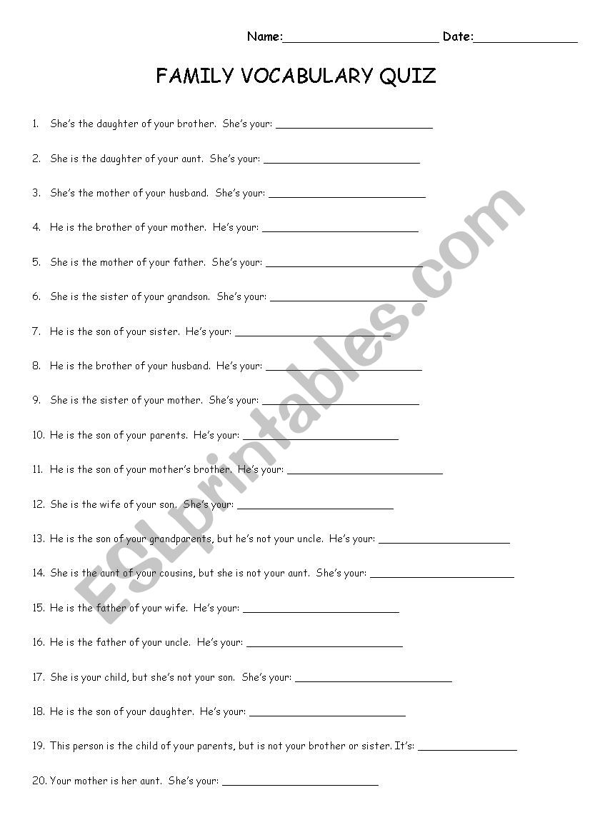 Family Member Vocabulary Quiz / Worksheet (with Answer Key)