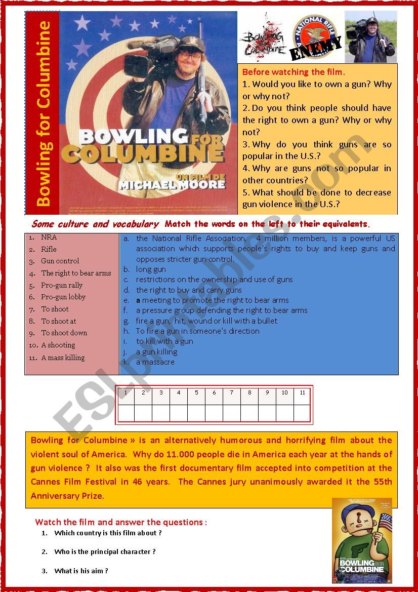 Bowling for columbine (Film + comprehension + vocabulary + cloze + debate)