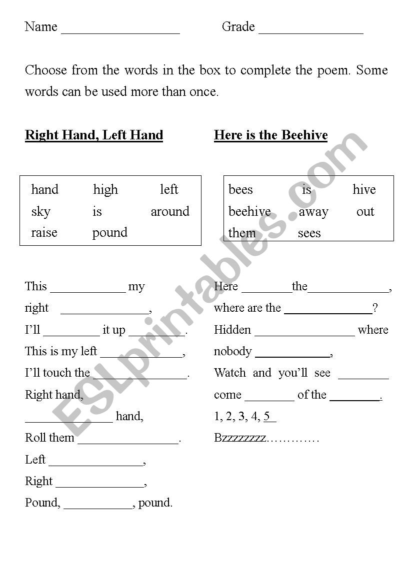 Right left  worksheet