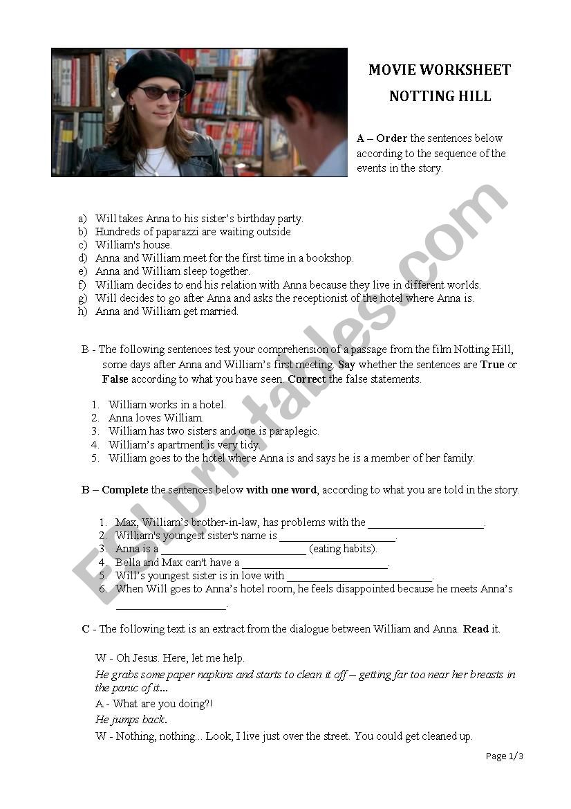 NOTTING HILL MOVIE TEST worksheet