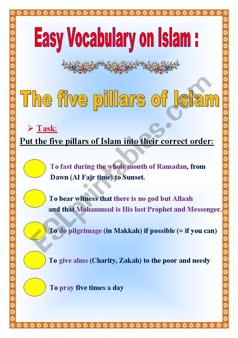 The five pillars of Islam - A vocabulary exercise! _ very useful (especially for Muslim countries) _ to be used as a warmer or filler 