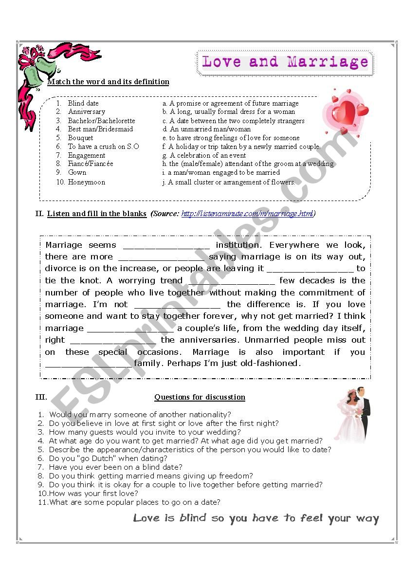 Listening worksheet: Marriage worksheet