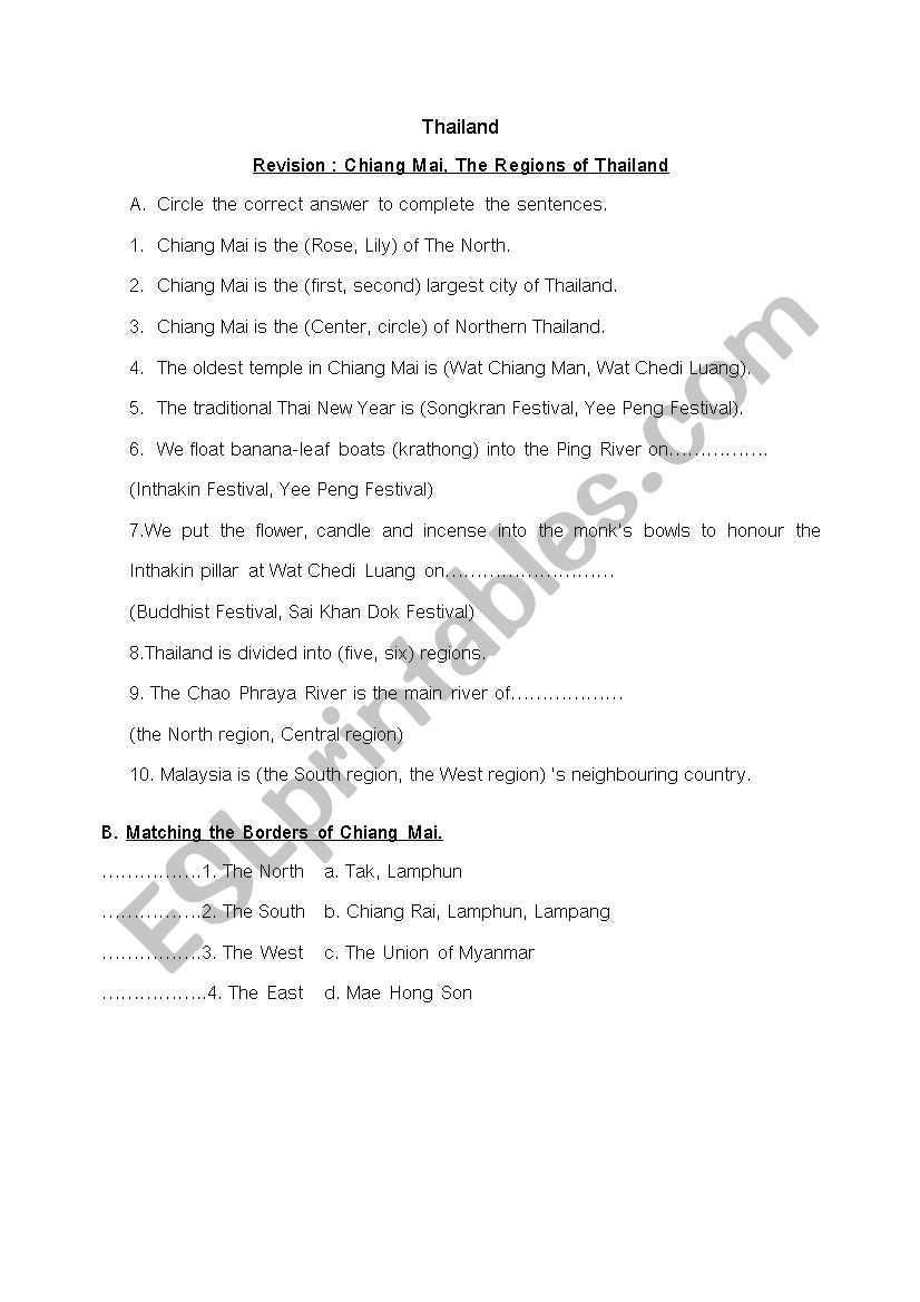 Chiang Mai, Thailand worksheet