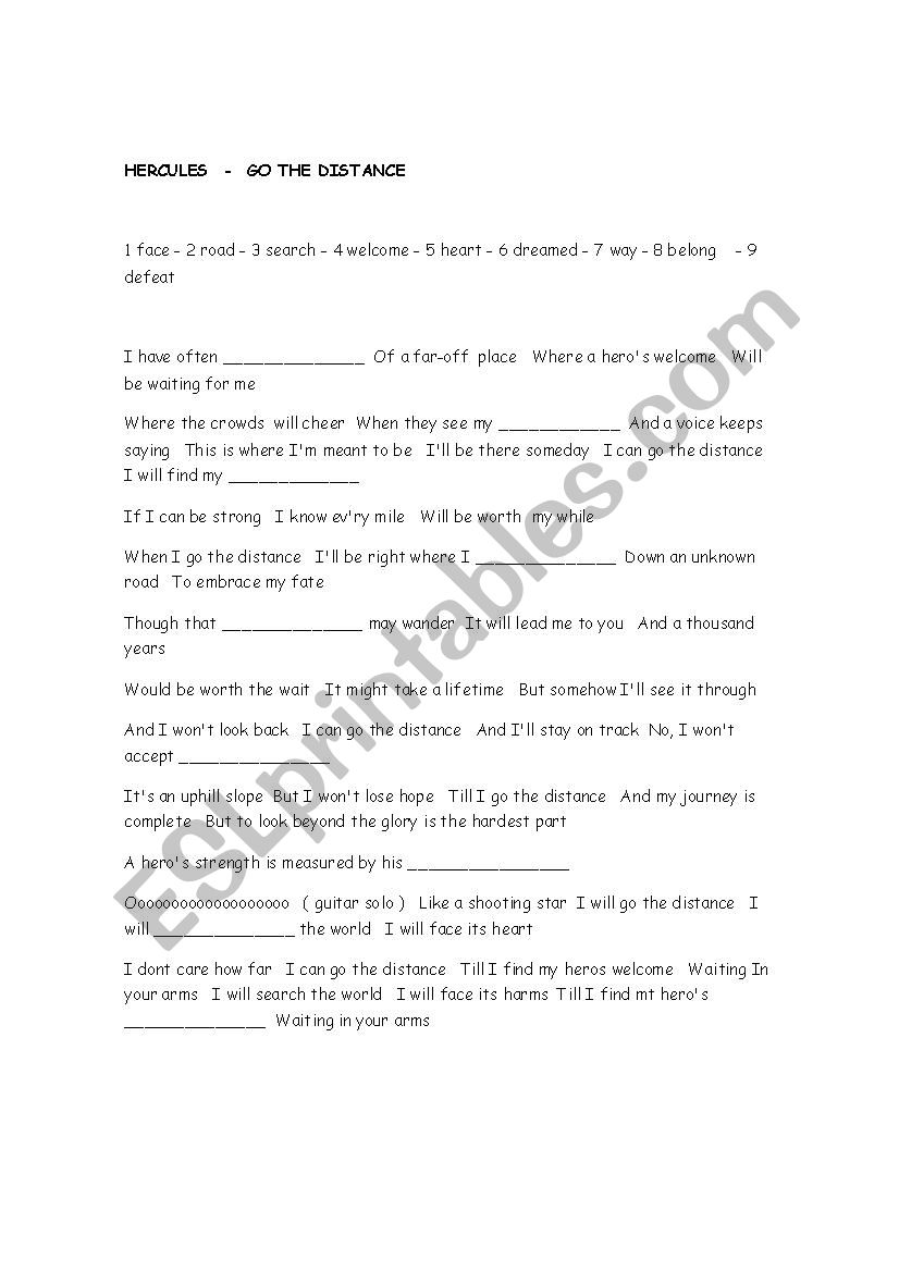 GO THE DISTANCE - HERCULES worksheet