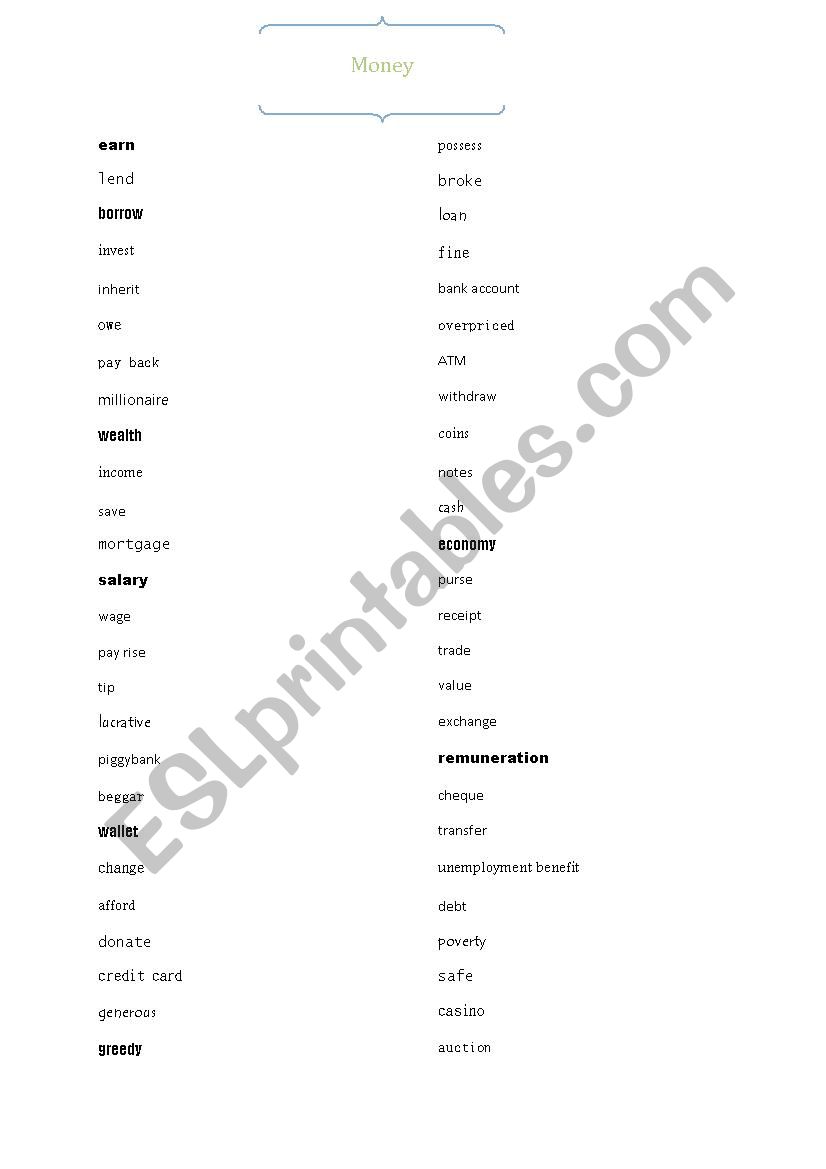 money vocabulary list+test worksheet