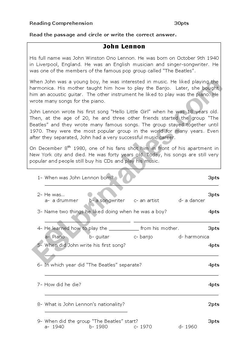 John Lennon worksheet