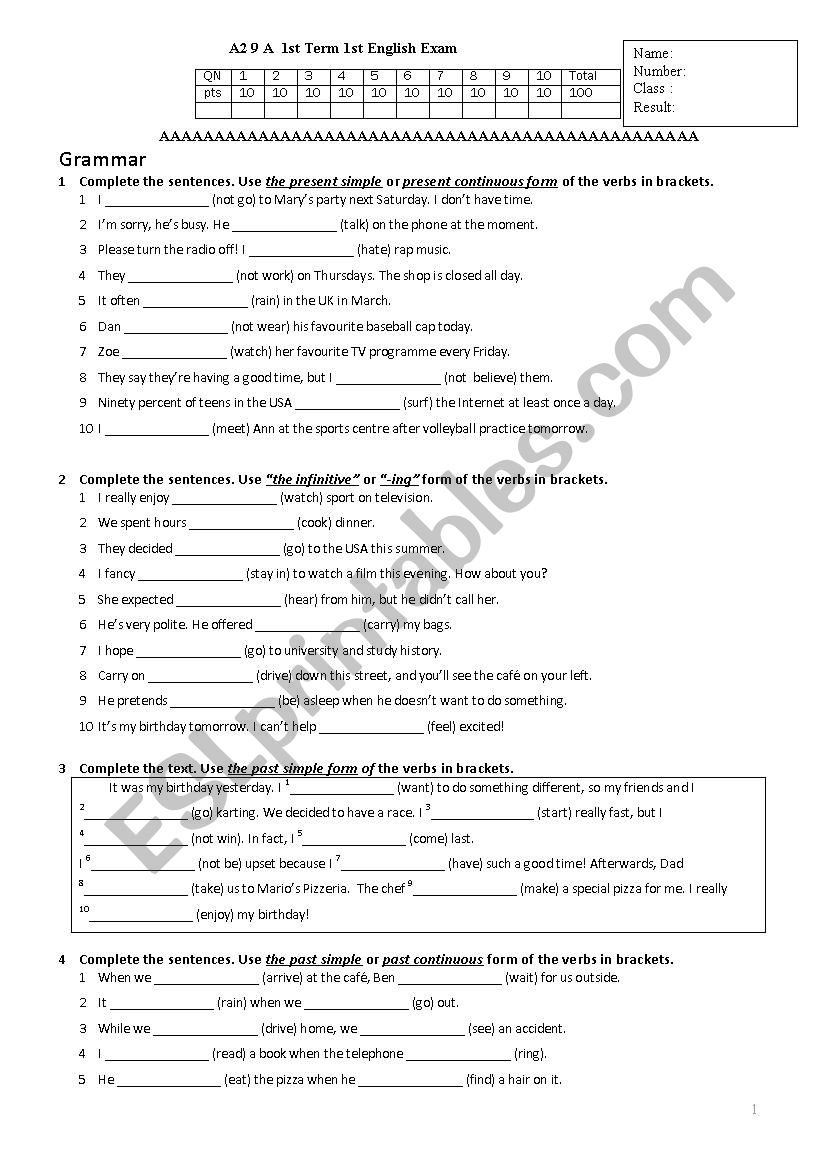 A2 first exam worksheet