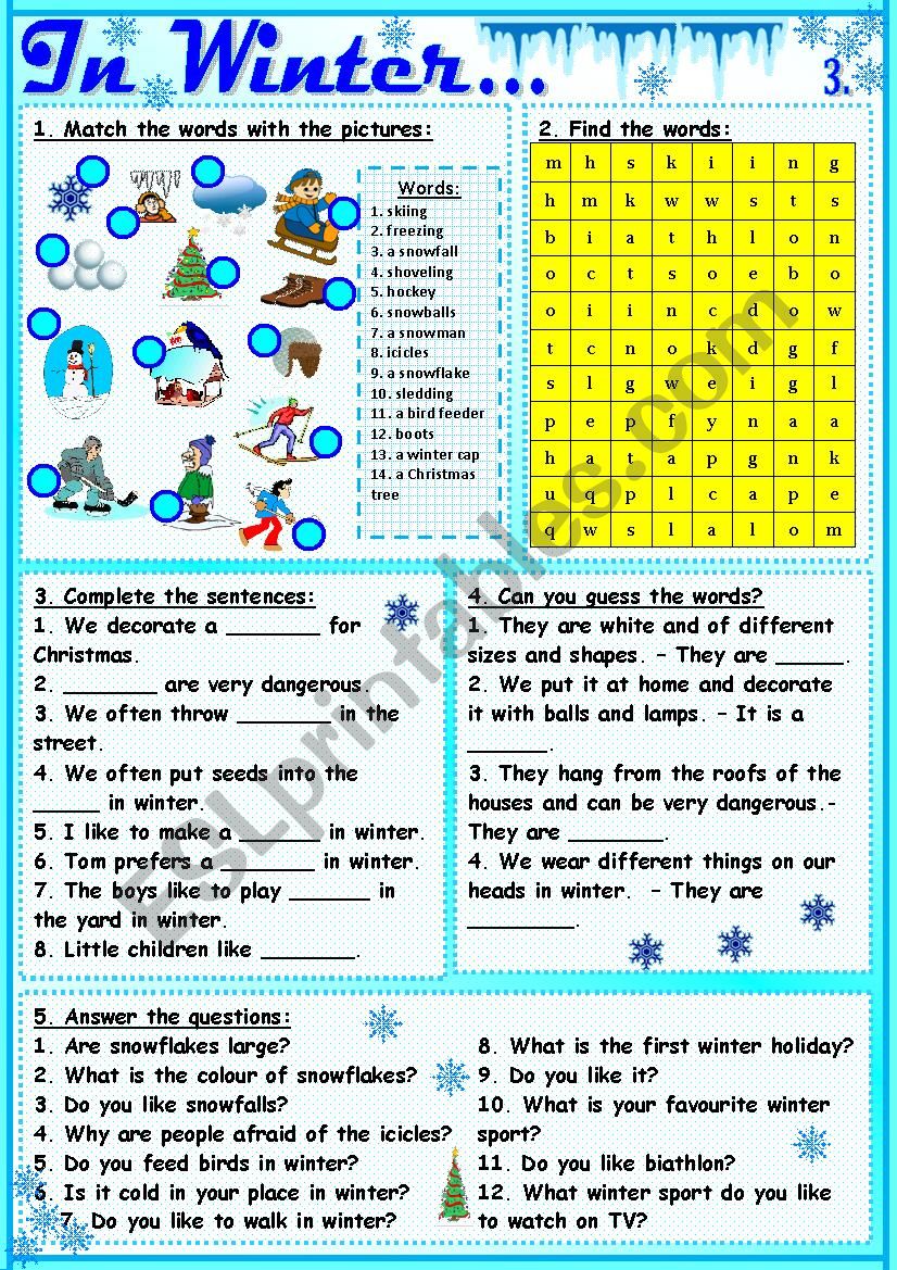 In Winter...3 worksheet