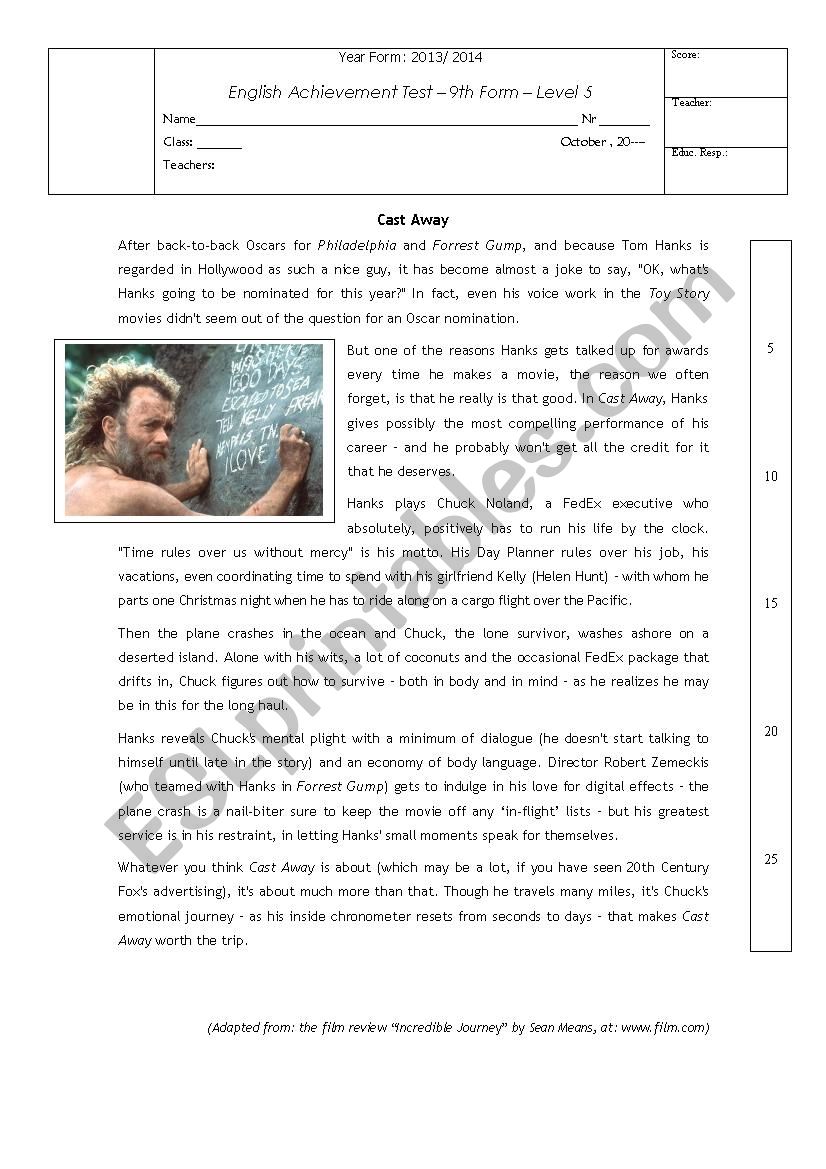  TEST ON A FILM REVIEW - TOM HANKS - CASTAWAY