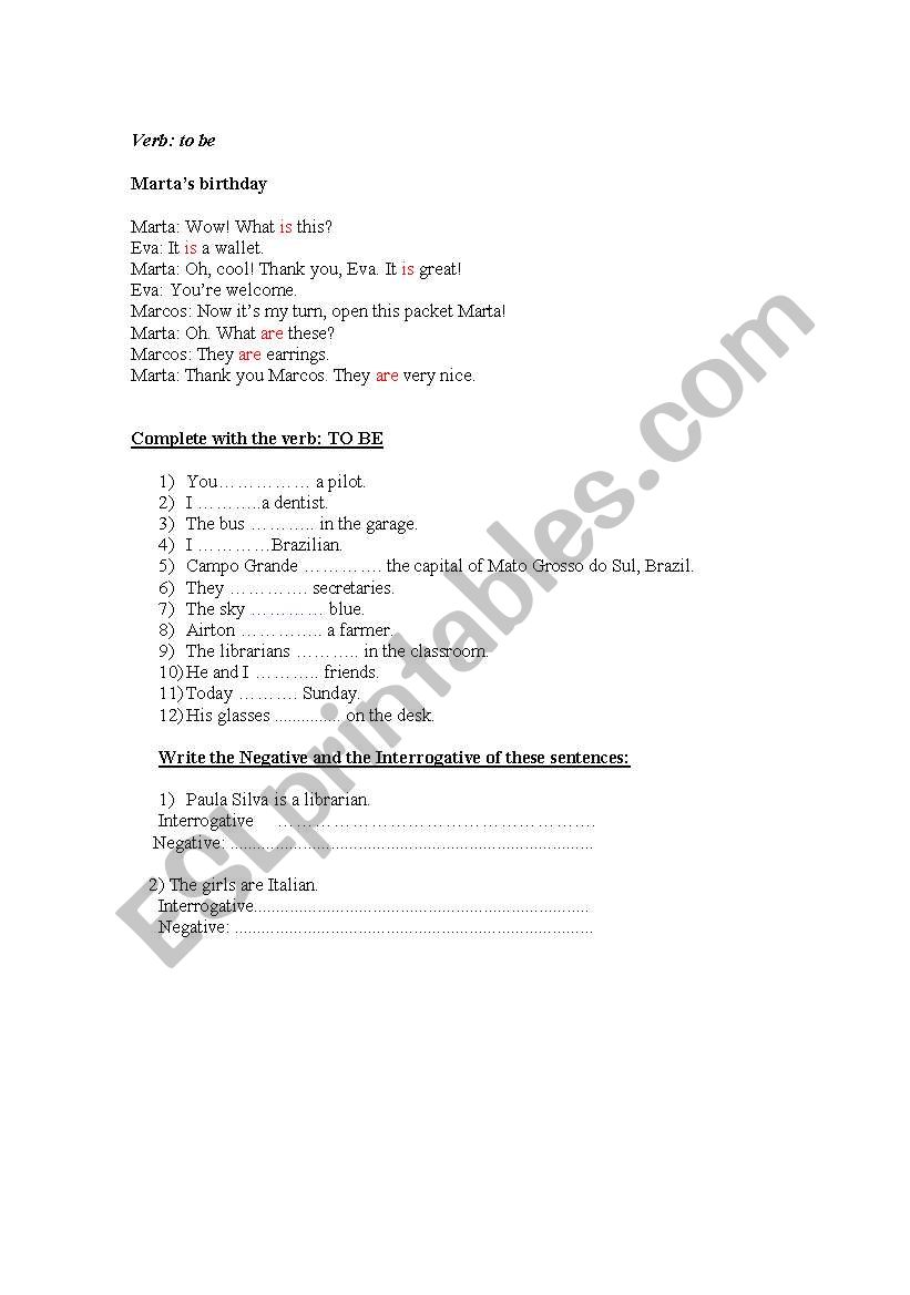 Martas bithday- verb to be worksheet