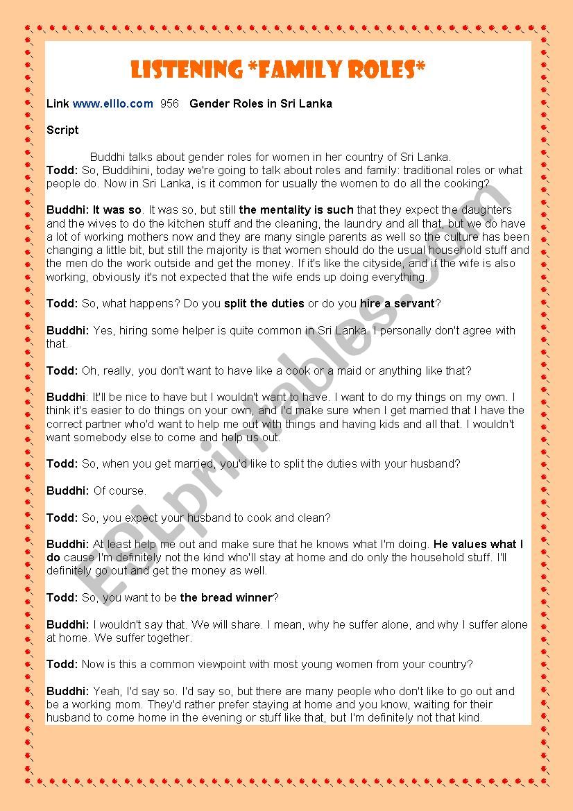 Family roles worksheet