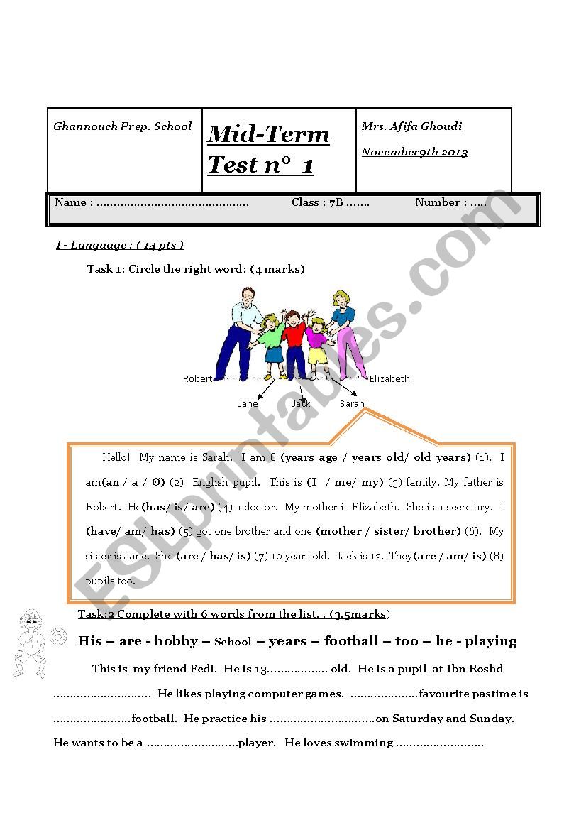 7th form mid term test 1 worksheet