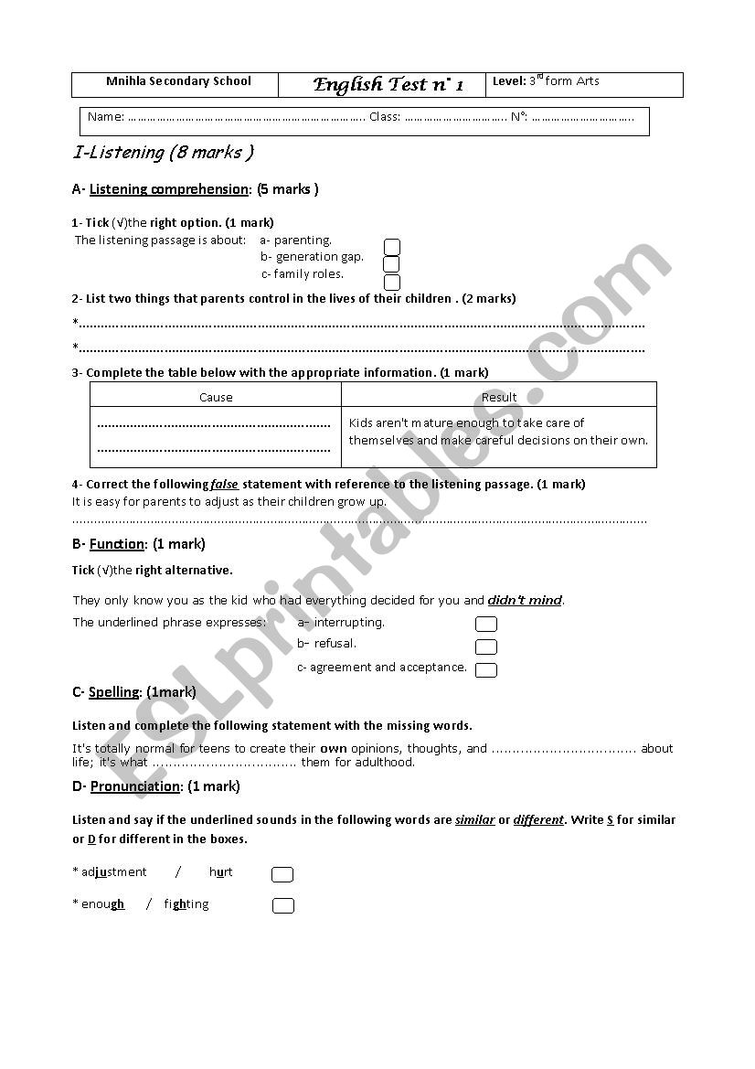 mid-term test 1 Third form worksheet