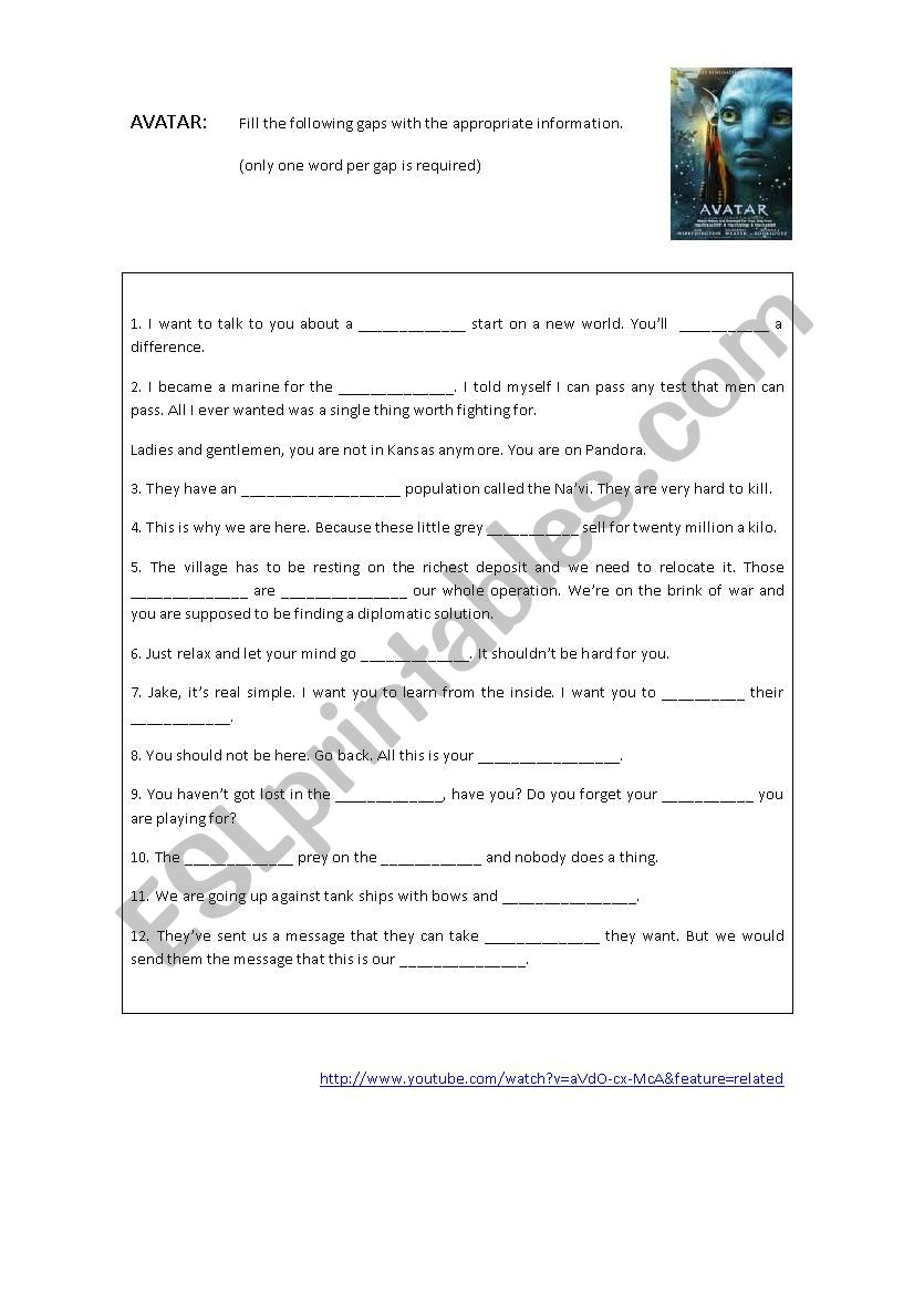 Avatar Trailer worksheet