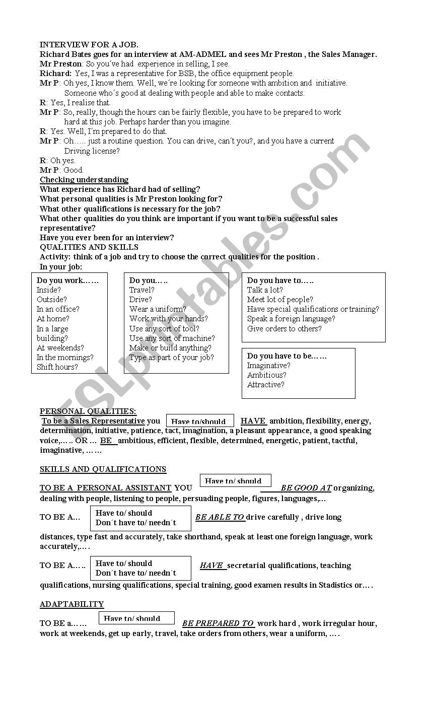 INTERVIEW FOR A JOB worksheet