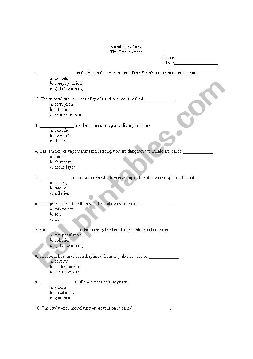 Environment Vocabulary Quiz worksheet