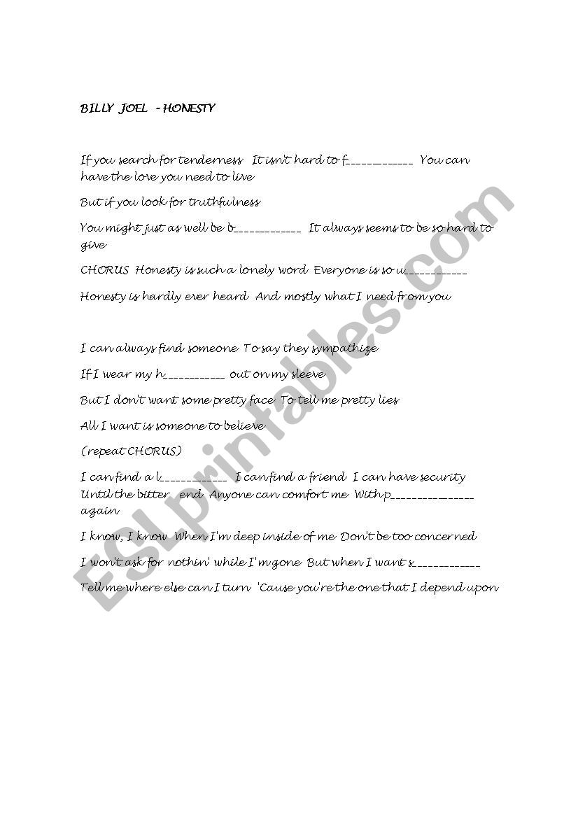 HONESTY - BILLY  JOEL   worksheet