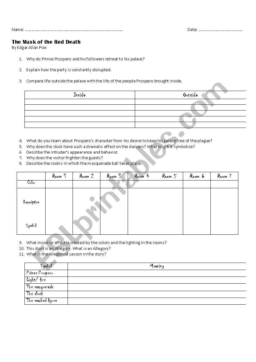 The Mask of the Red Death worksheet