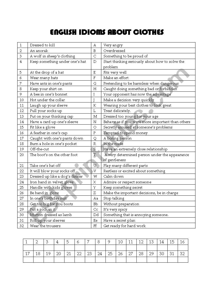 Idioms with clothes worksheet