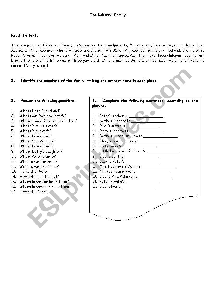 The Robinson Family worksheet