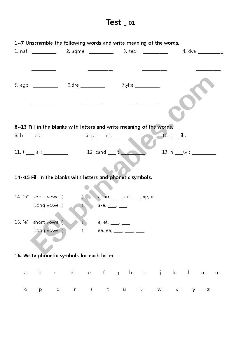 phonics test_1 worksheet