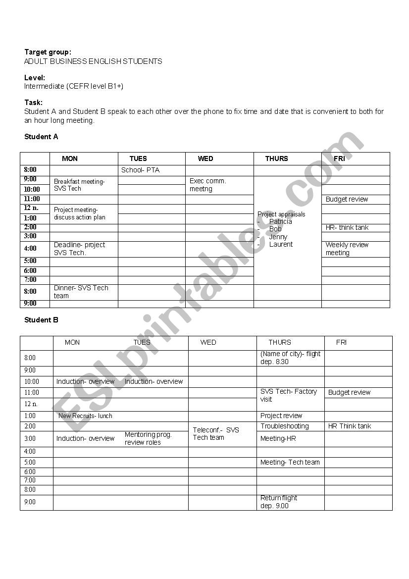 Scheduling a meeting worksheet