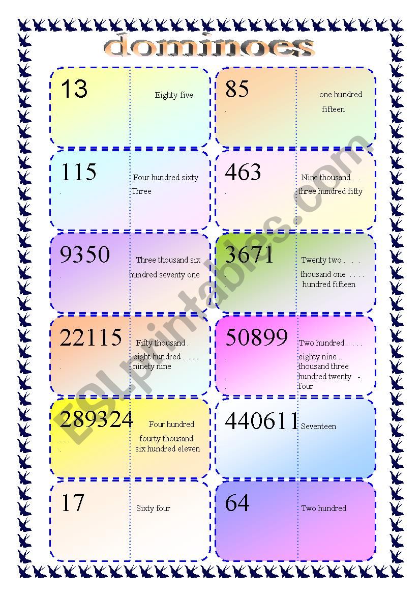 Numbers and dates domino worksheet