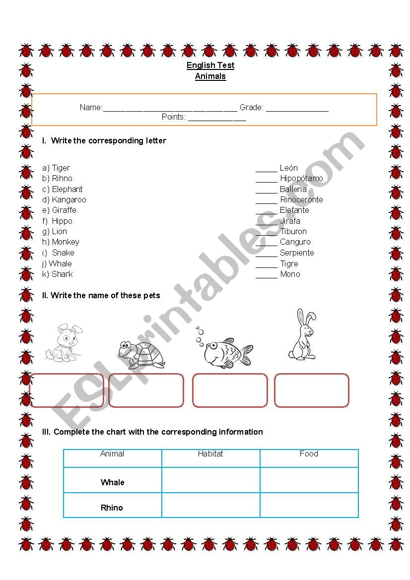 Animals Test worksheet